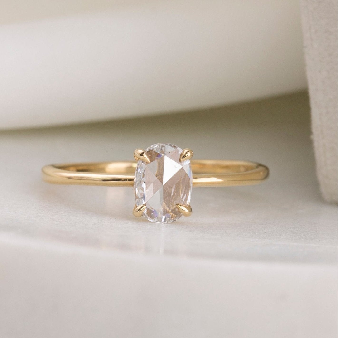 Nina Ring with 0.48ct oval rose cut diamond in recycled 14k yellow gold, one of a kind handmade piece.