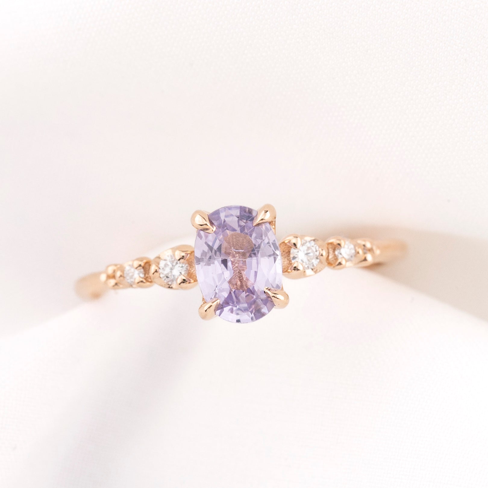 Estel Fleur Four Prongs Ring, Lavender Purple Sapphire, 14k Rose Gold, oval shape gemstone