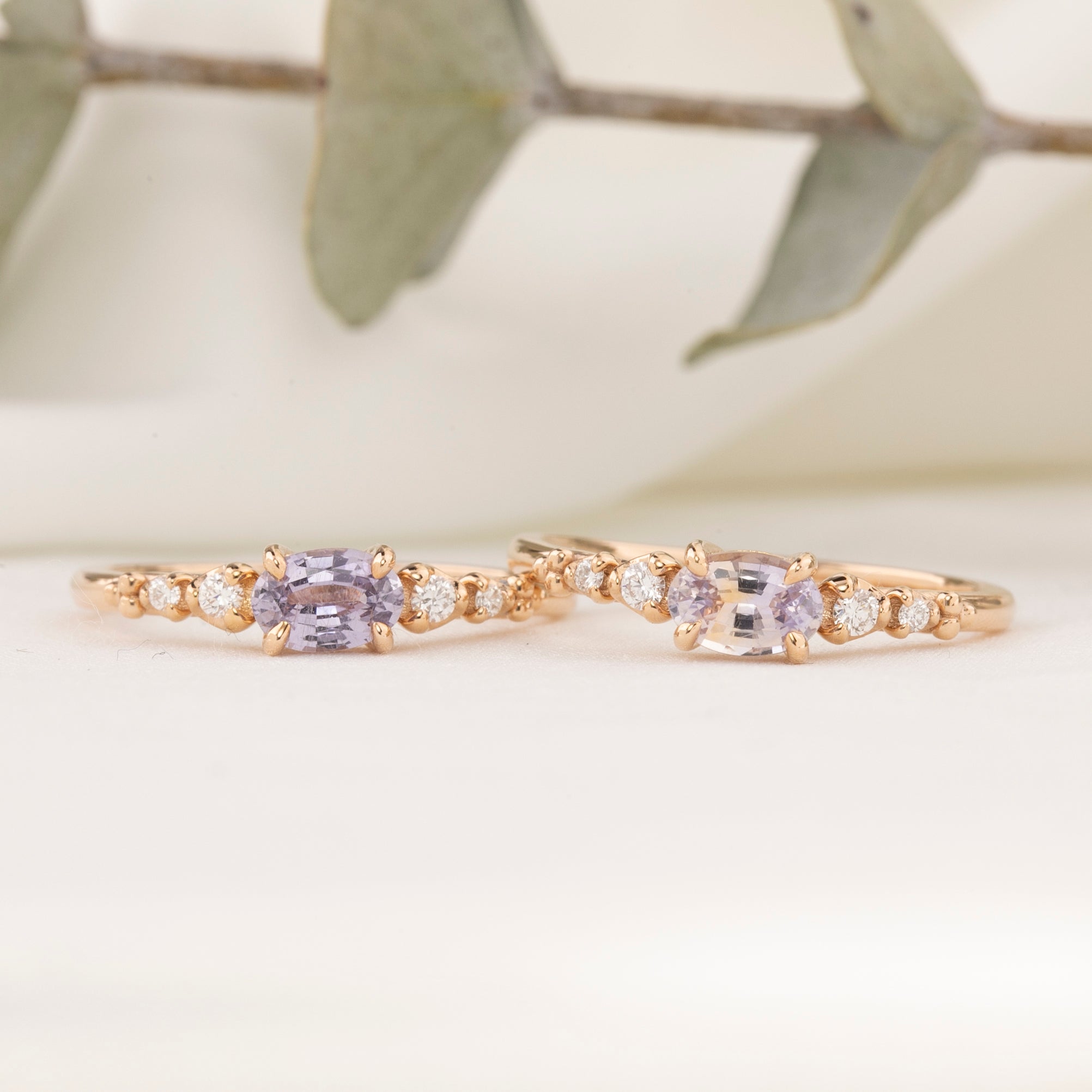 Estel Fleur Low Profile Ring, Pink and Purple Montana Sapphire, oval shape gemstone