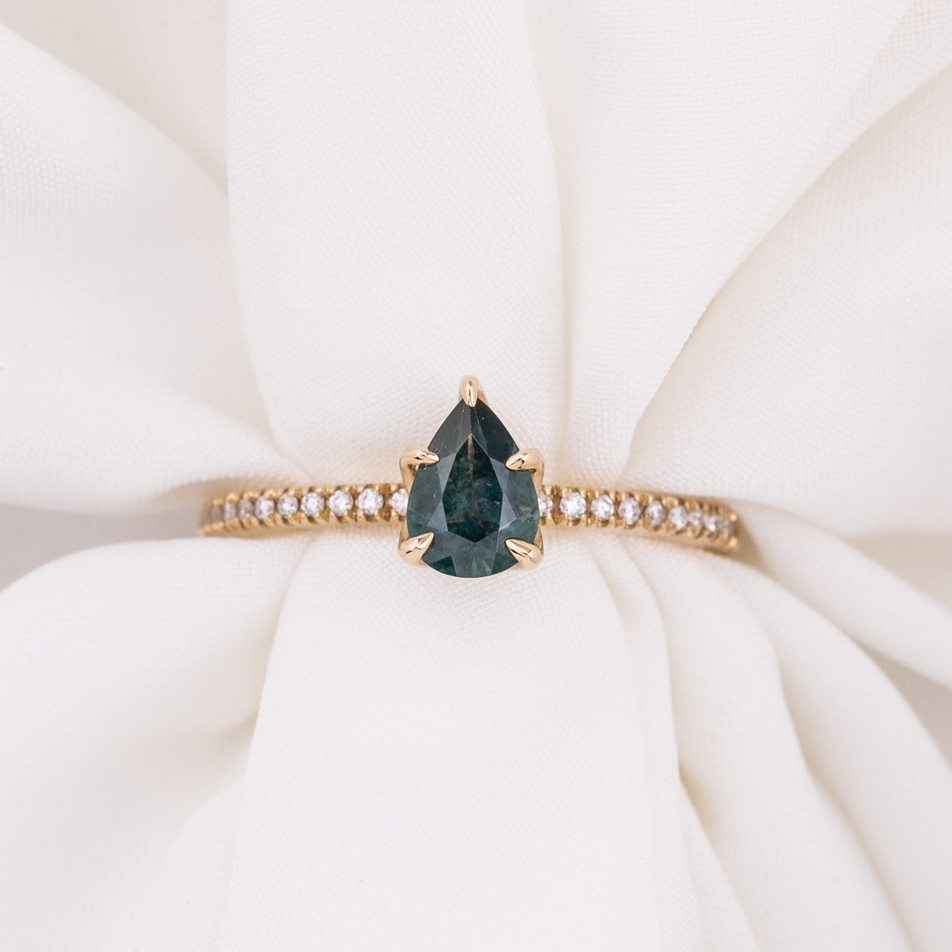 Maria Ring 0.8ct Montana Sapphire with diamond accents in recycled 14k gold, handmade and ethically sourced design