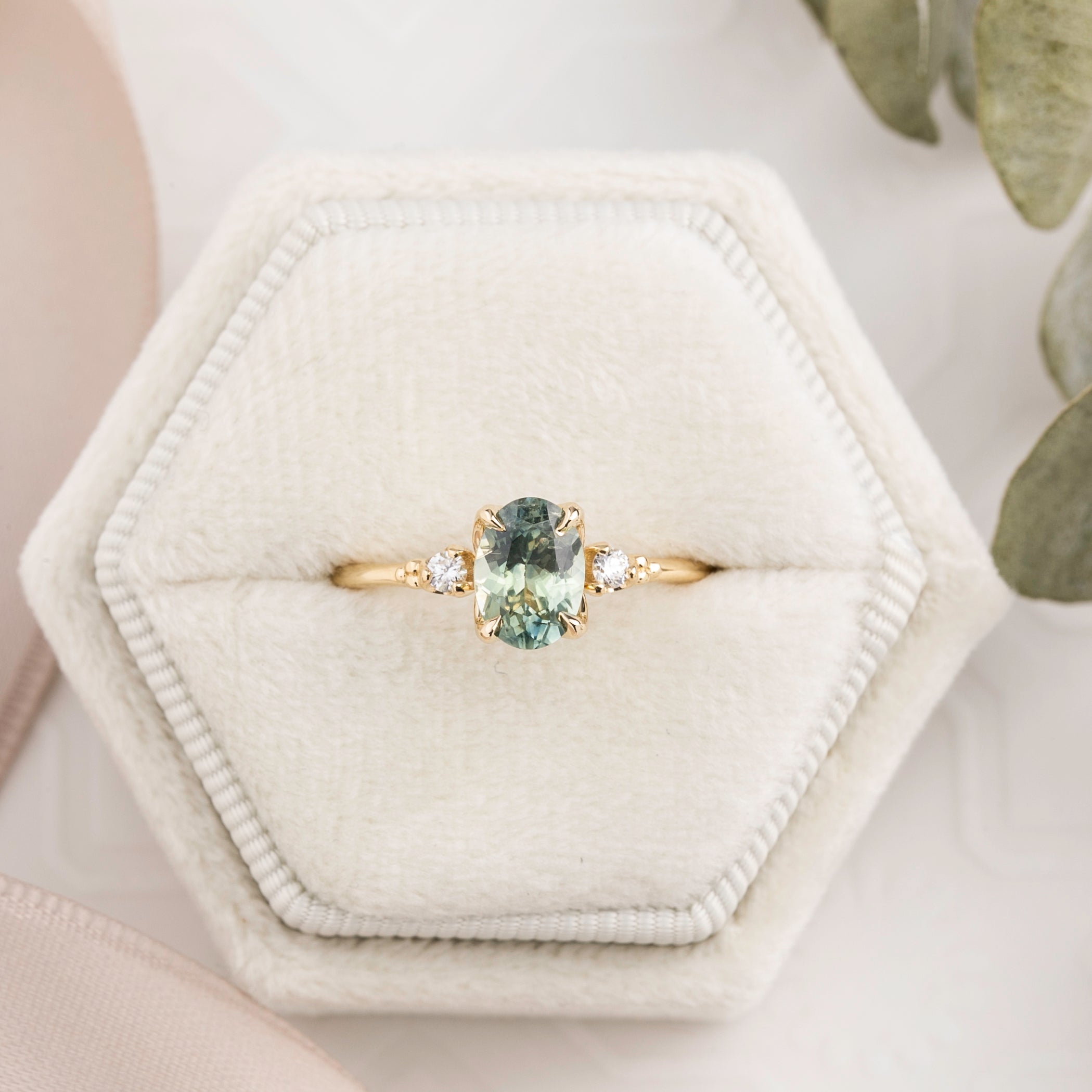 Estel Ring 1.28ct Light Parti Blue Green Oval Montana Sapphire, 14K Yellow Gold (One of a kind)