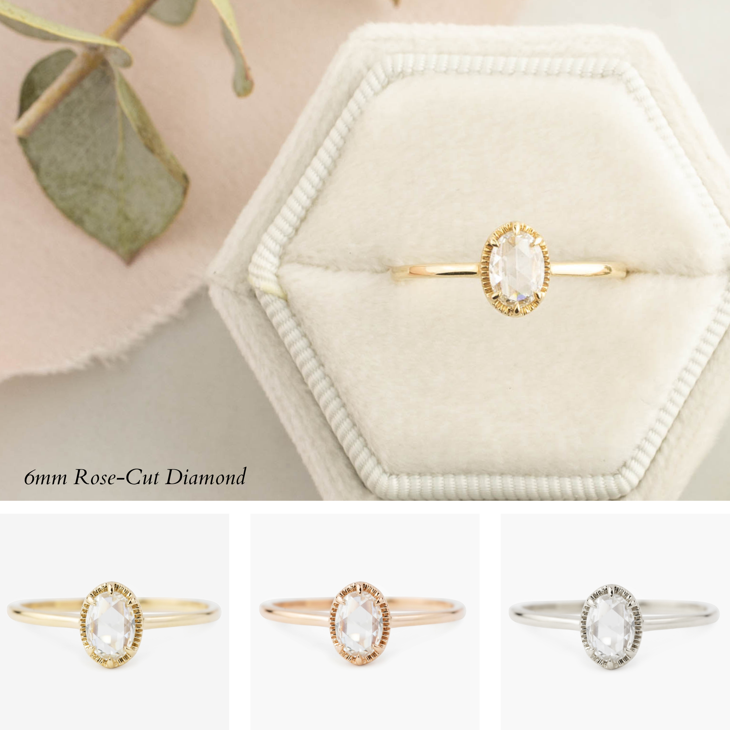 Oval rose cut diamond ring with delicate tapered band in gold, rose gold, and silver settings on velvet box background.