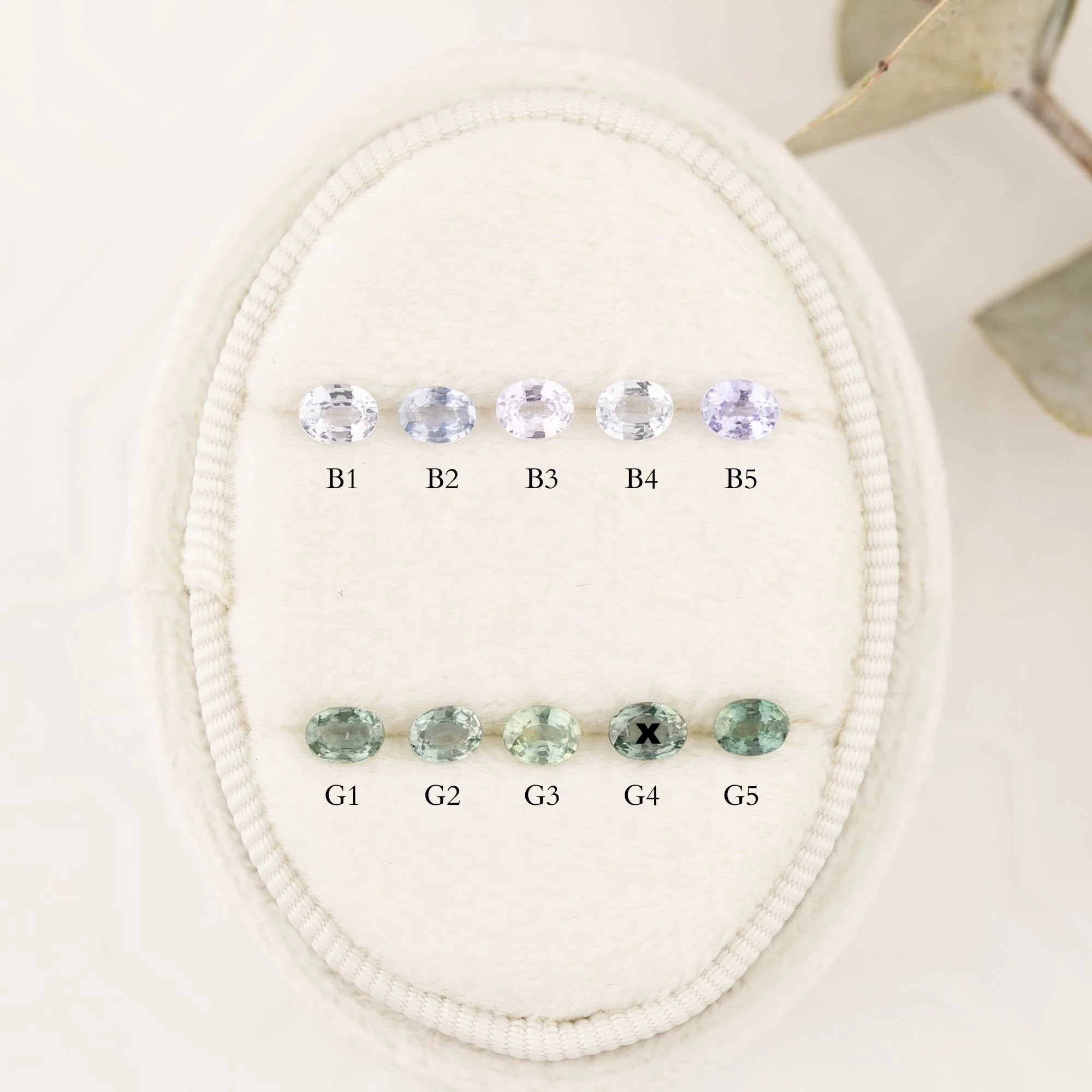 Set of blue and green sapphires with labeled positions.