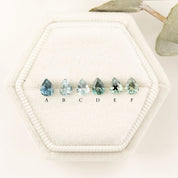 Six teardrop-shaped gemstones on a white hexagonal stone with labels A to F.
