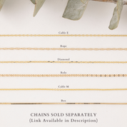 Collection of gold chains with labels on a white background