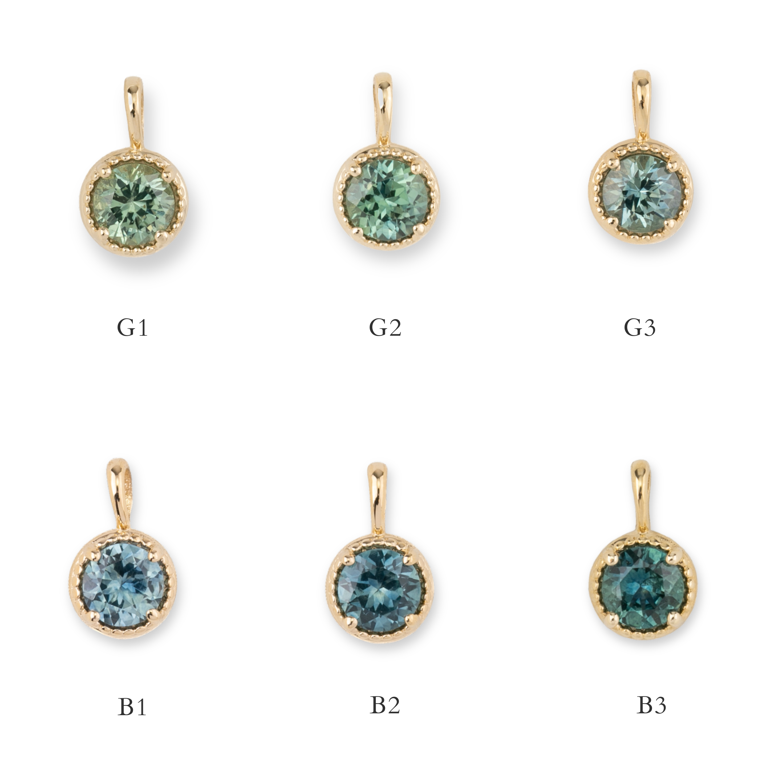 Six gold pendants with green gemstones on a white background