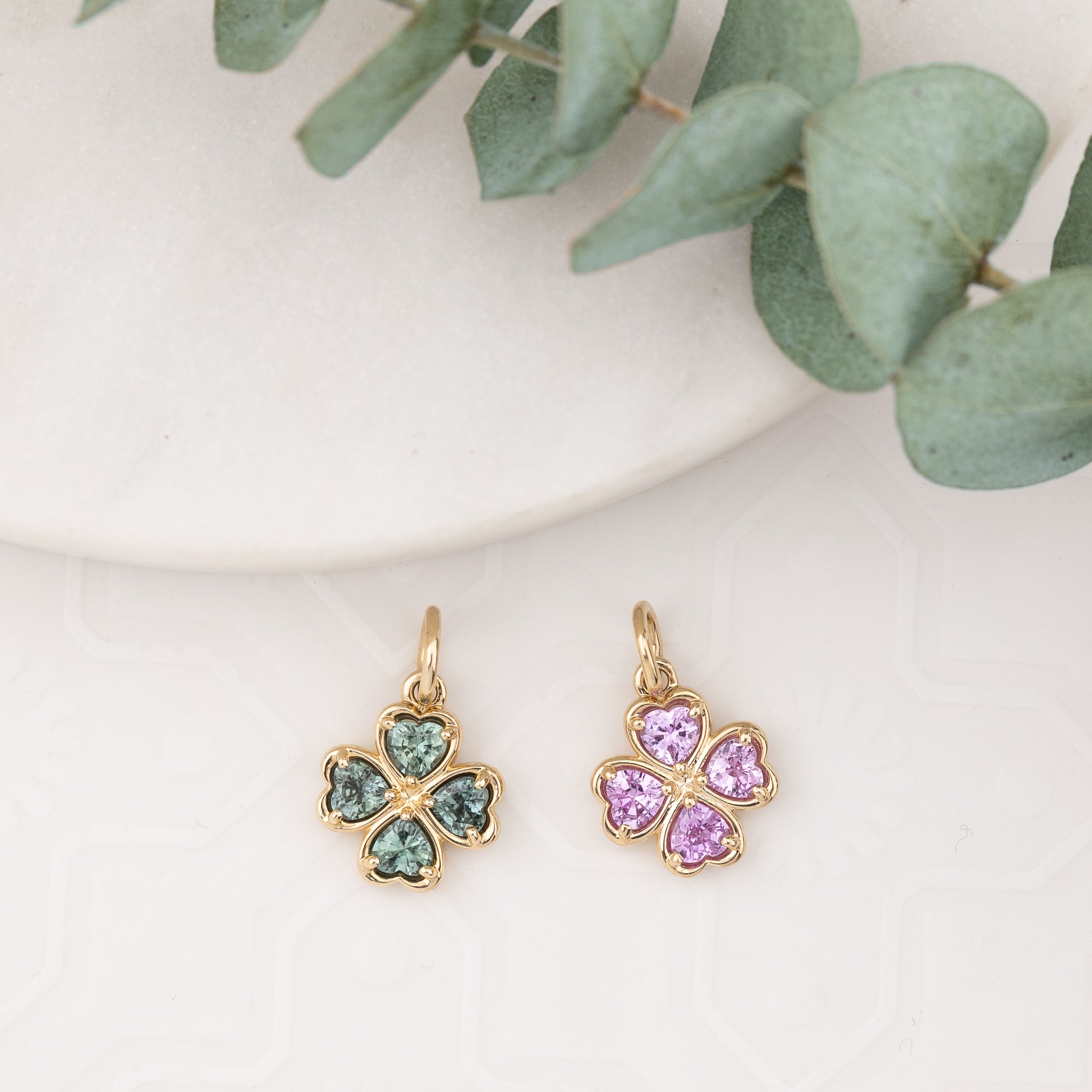 14K Gold Pink Sapphire Four Heart Clover Charm