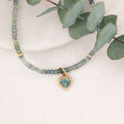Blue-green natural Montana sapphire beaded necklace with 14K gold accent beads