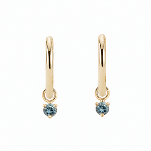 14K yellow gold hoop earrings with 3mm blue-green Montana sapphires in 3-prong settings