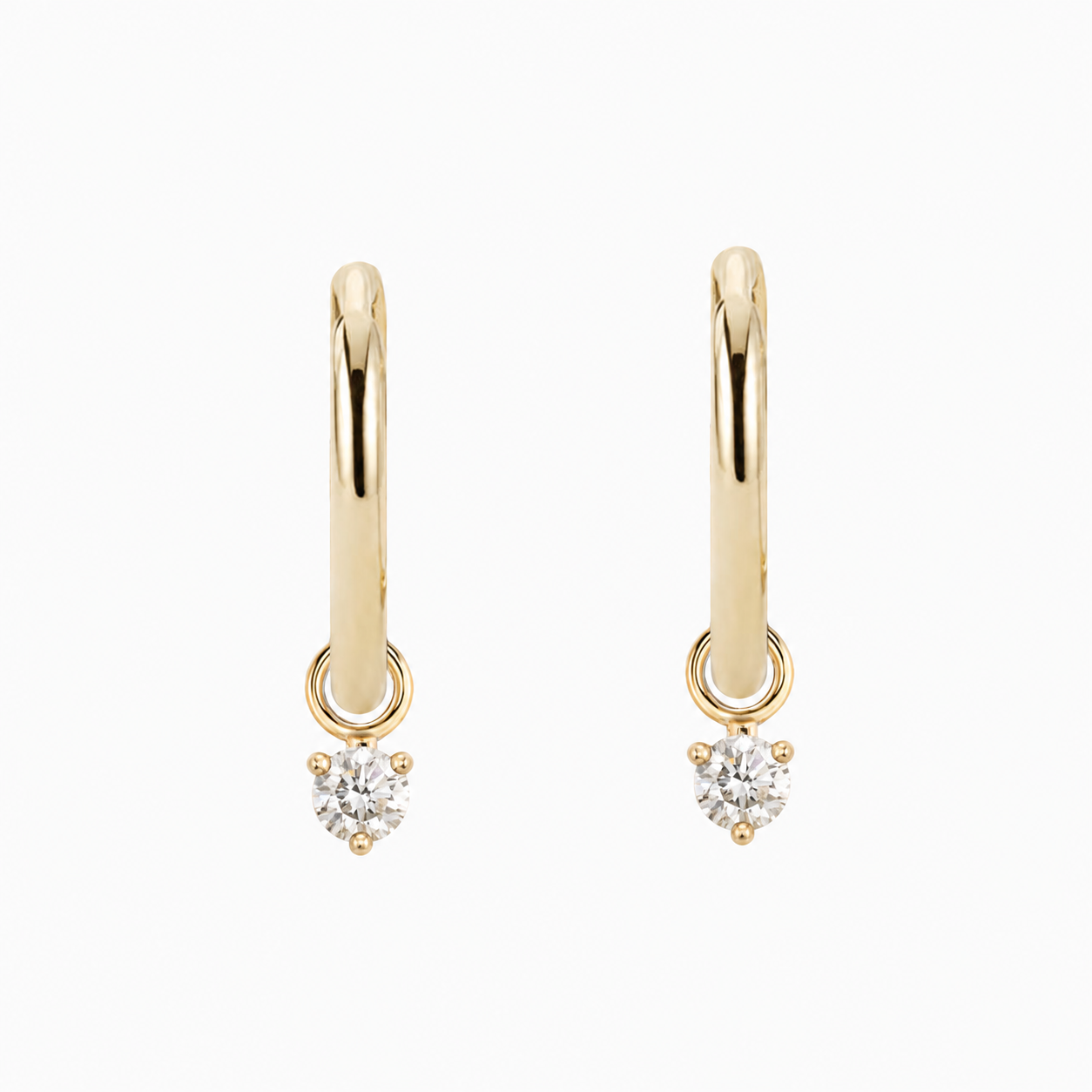 14K yellow gold hoop earrings with 3mm round diamonds in 3-prong settings