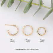Three gold hoop earrings in different sizes labeled 14mm, 12mm, and 10mm, displayed on a white background with green leaves at the top and the text 'Charm Compatible Earrings' at the bottom.