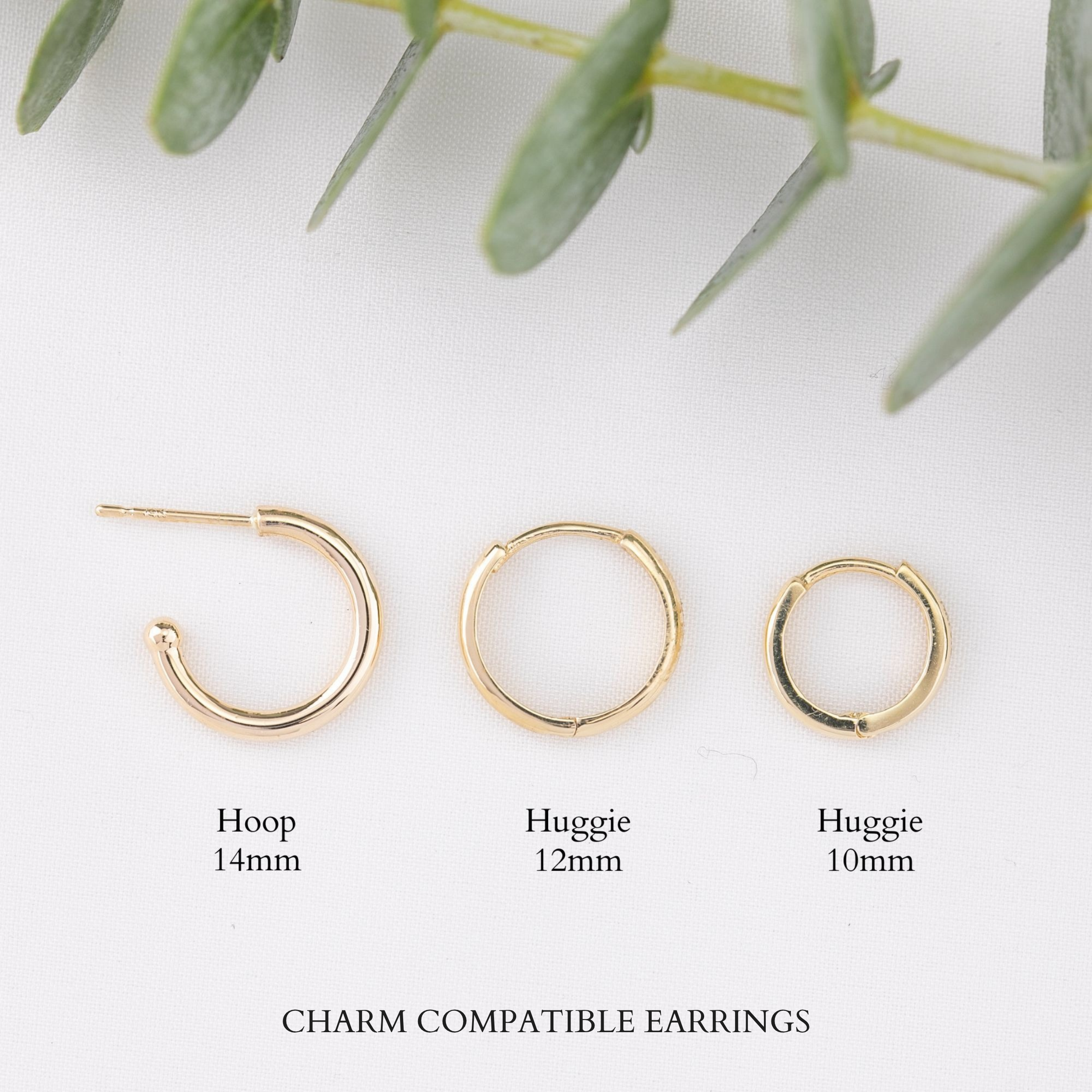 Three gold hoop earrings in different sizes labeled 14mm, 12mm, and 10mm, displayed on a white background with green leaves at the top and the text 'Charm Compatible Earrings' at the bottom.