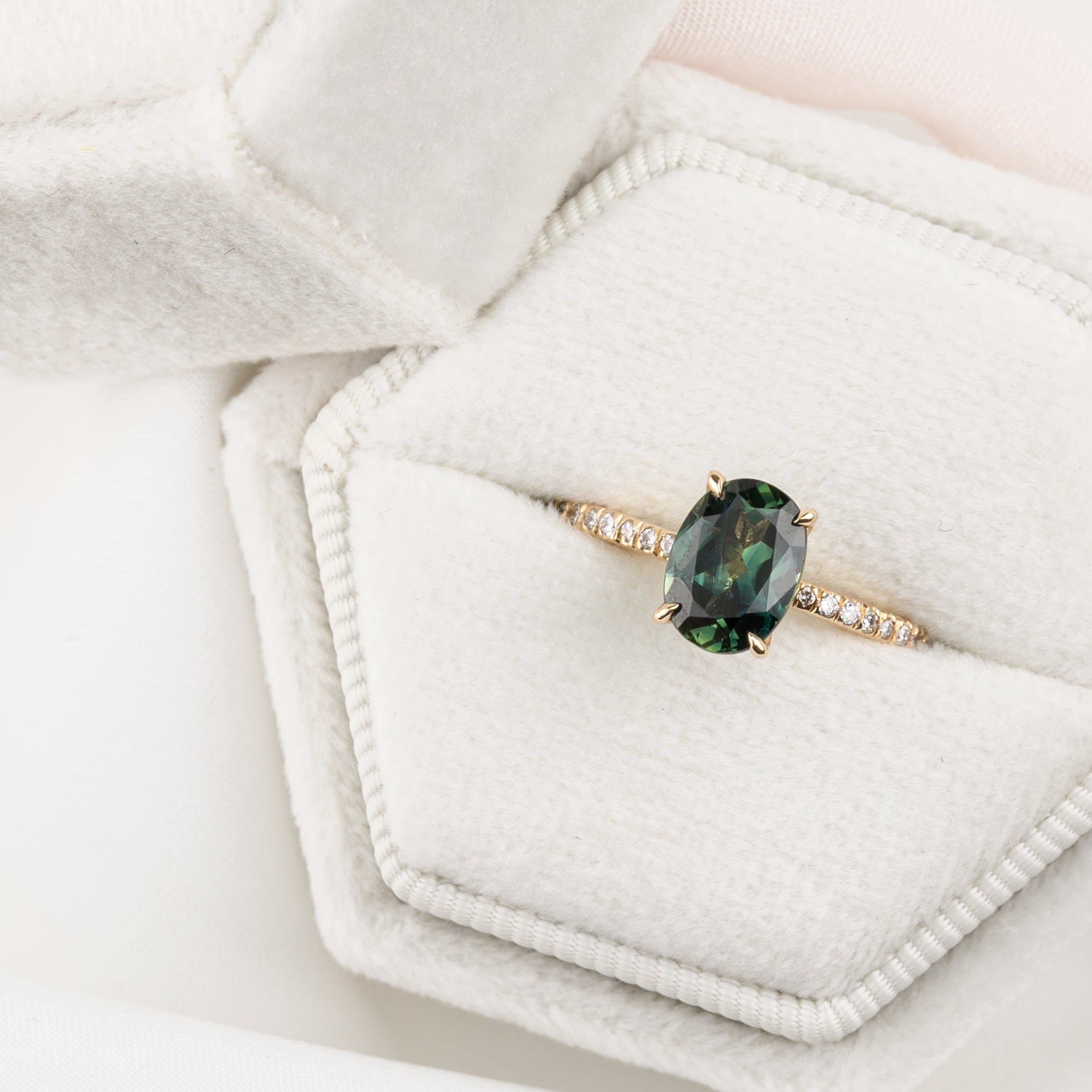 14k yellow gold ring with 1.53ct unheated green Queensland sapphire and natural diamond accents in velvet box