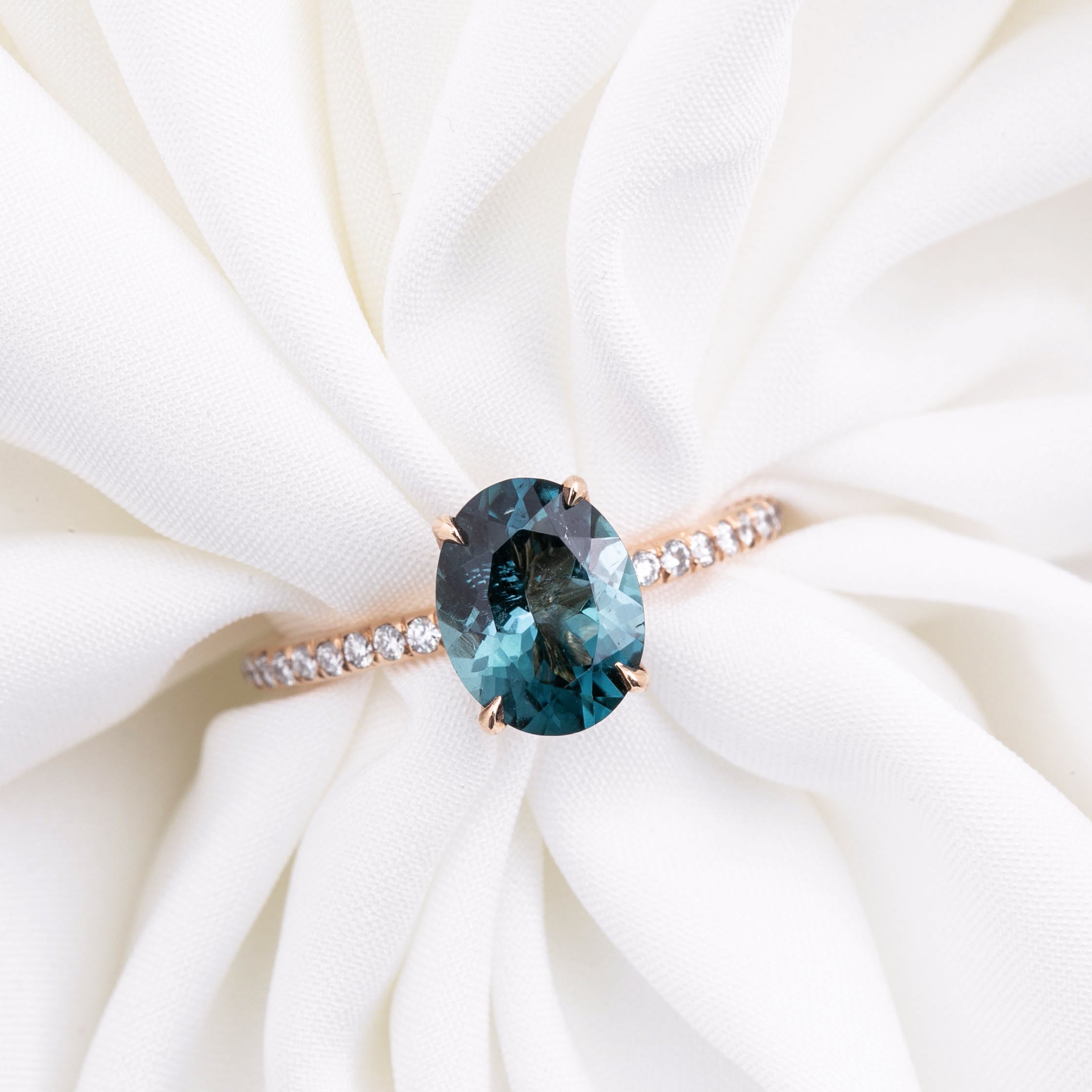 Maria Ring with 1.8ct Namibian green tourmaline and white diamonds, handmade in 14k rose gold, one of a kind by Envero Jewelry.