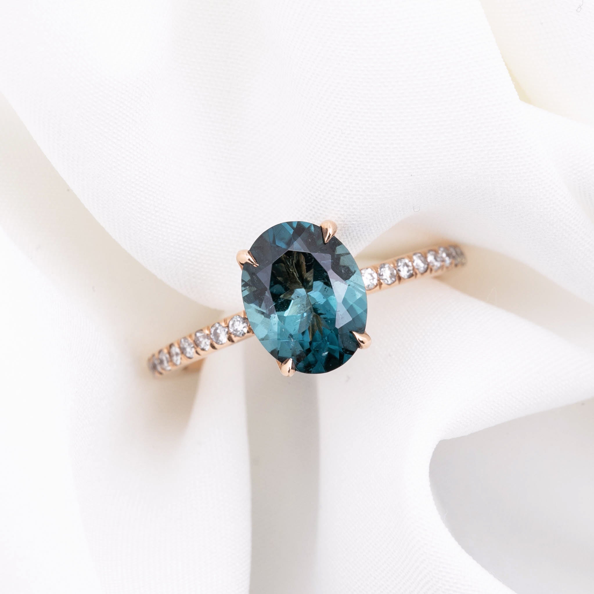 Maria Ring with 1.8ct Namibian green tourmaline and white diamonds, handmade in 14k rose gold, one of a kind ring