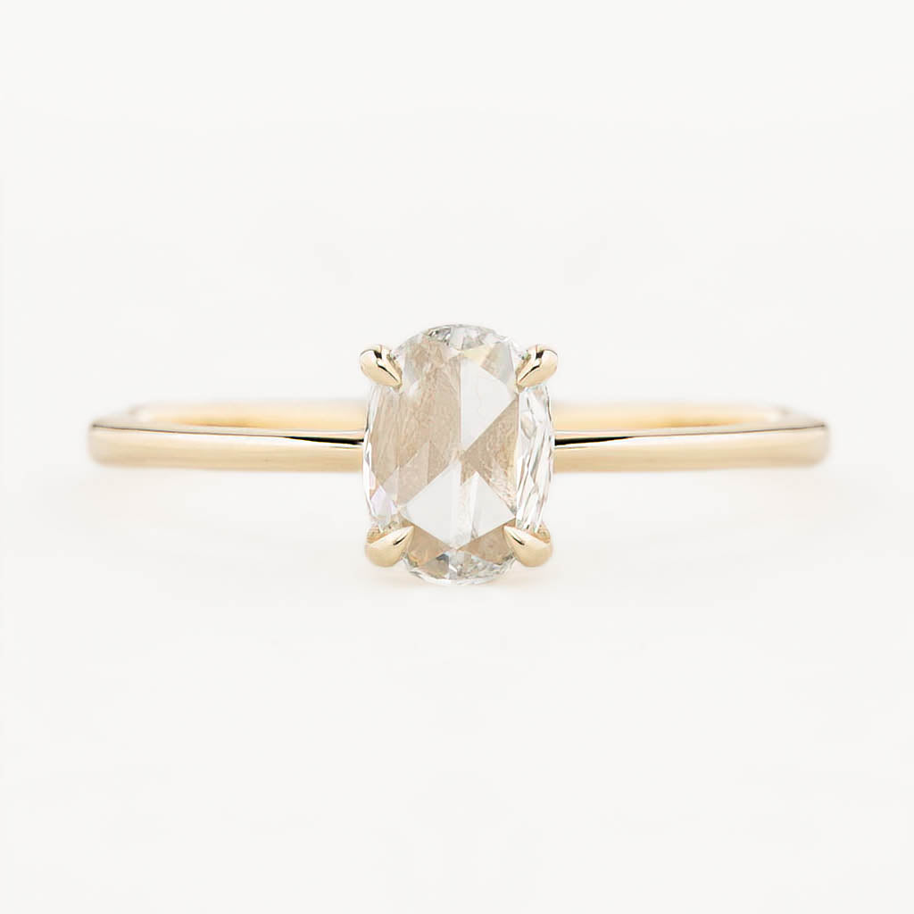 Nina Ring with 0.48ct oval rose cut diamond in recycled 14k yellow gold, handmade and ethically sourced, one of a kind.