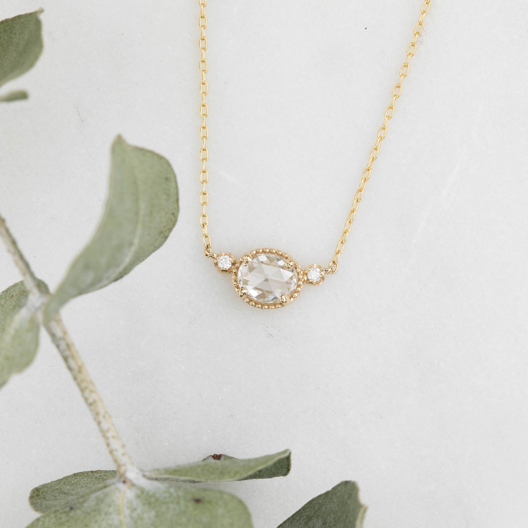 Dahlia Three Stone Necklace, 0.44ct Rose Cut Diamond