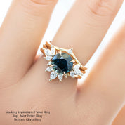 Nova Ring 2.42ct Deep Blue Green Queensland Sapphire, stacked with Aster ring and Gloria ring