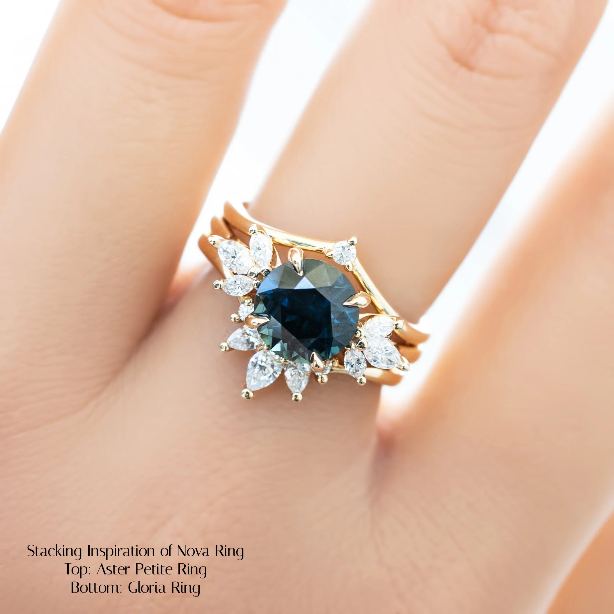 Nova Ring 2.42ct Deep Blue Green Queensland Sapphire, stacked with Aster ring and Gloria ring
