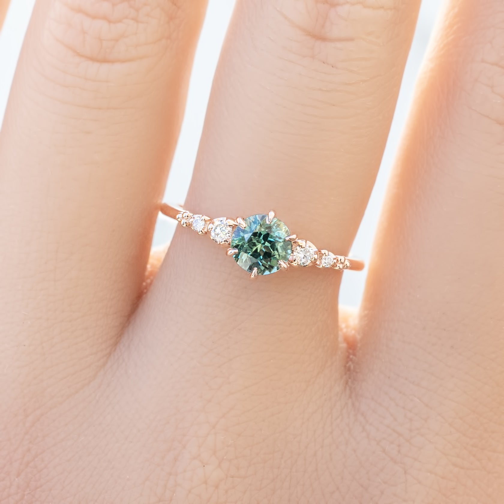 Estel Fleur Six Prongs Ring 0.81ct Green Queensland Sapphire, 14k Rose Gold (One of a kind)