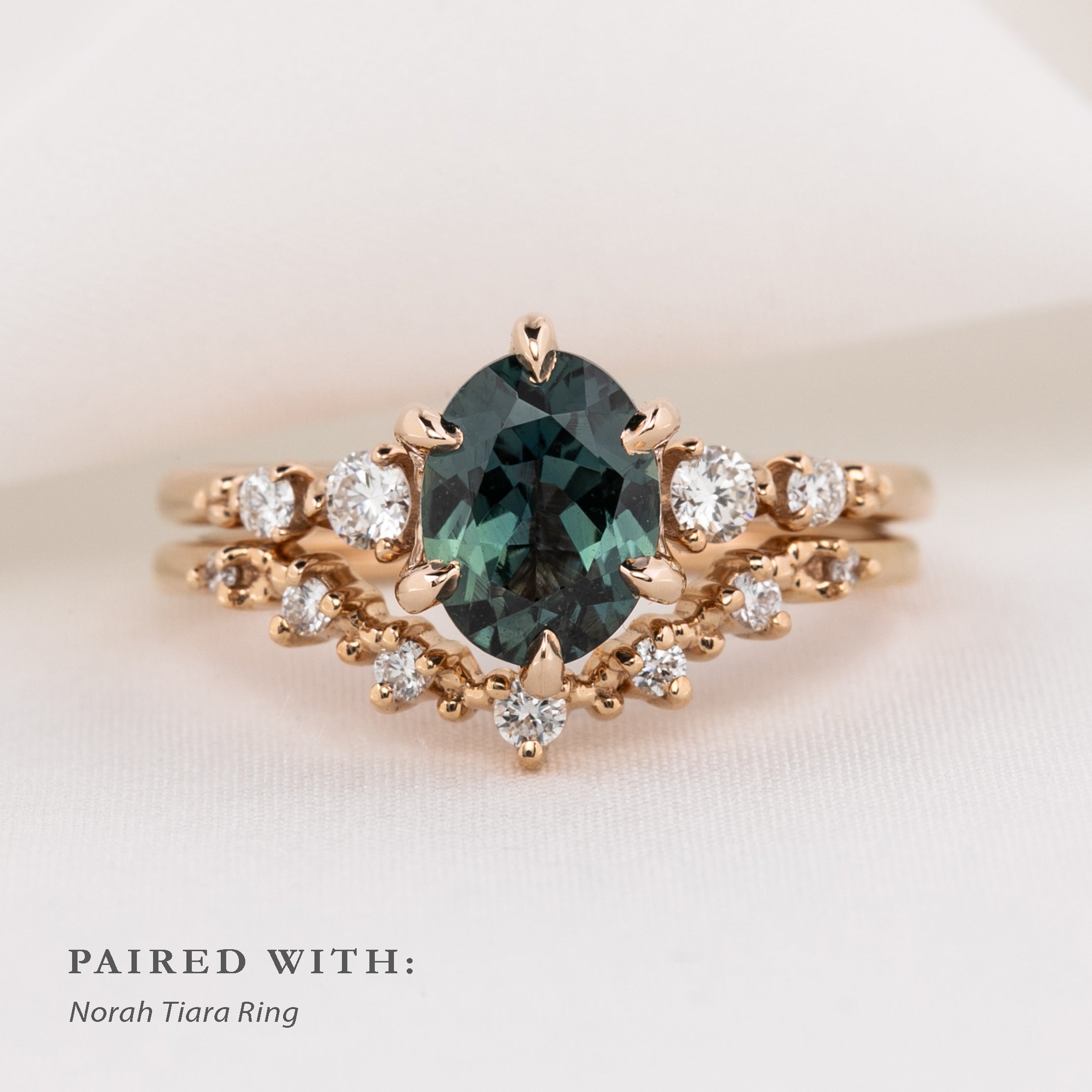 Estel Fleur Six Prongs Ring 1.48ct Blue Green Oval African Sapphire, 14K Rose Gold (One of a kind)