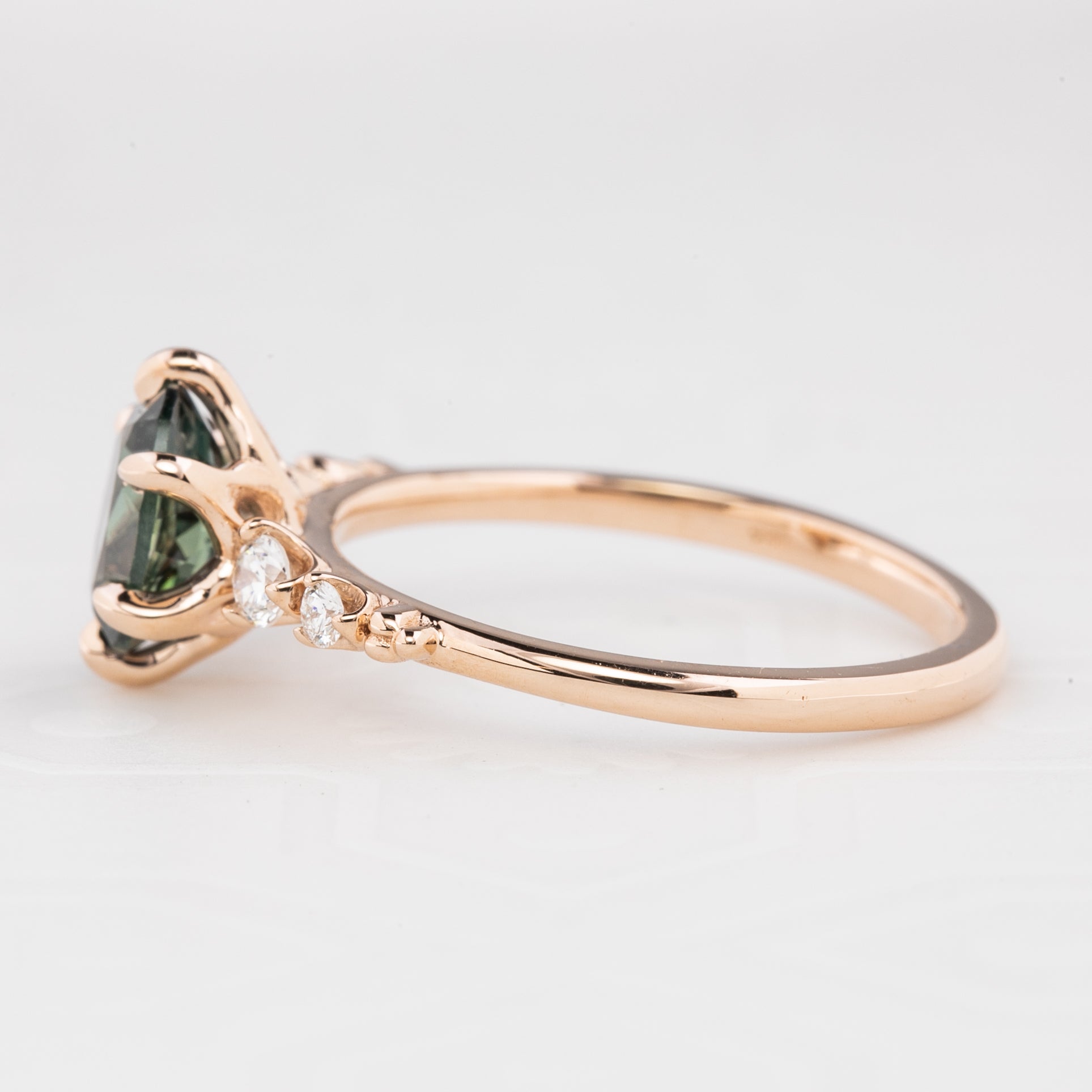 Estel Fleur Six Prongs Ring 1.48ct Blue Green Oval African Sapphire, 14K Rose Gold (One of a kind)