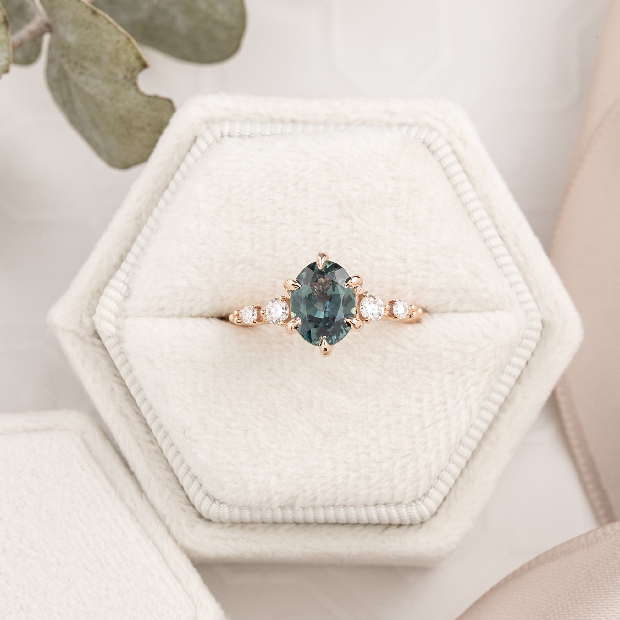 Estel Fleur Six Prongs Ring 1.48ct Blue Green Oval African Sapphire, 14K Rose Gold (One of a kind)