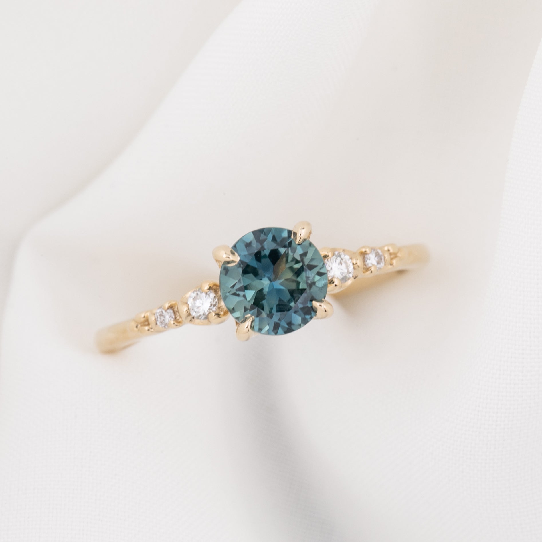 Estel Fleur 4 Prong Ring, 1.14ct Parti Blue Green Montana Sapphire, 14k Yellow Gold (One of a kind)