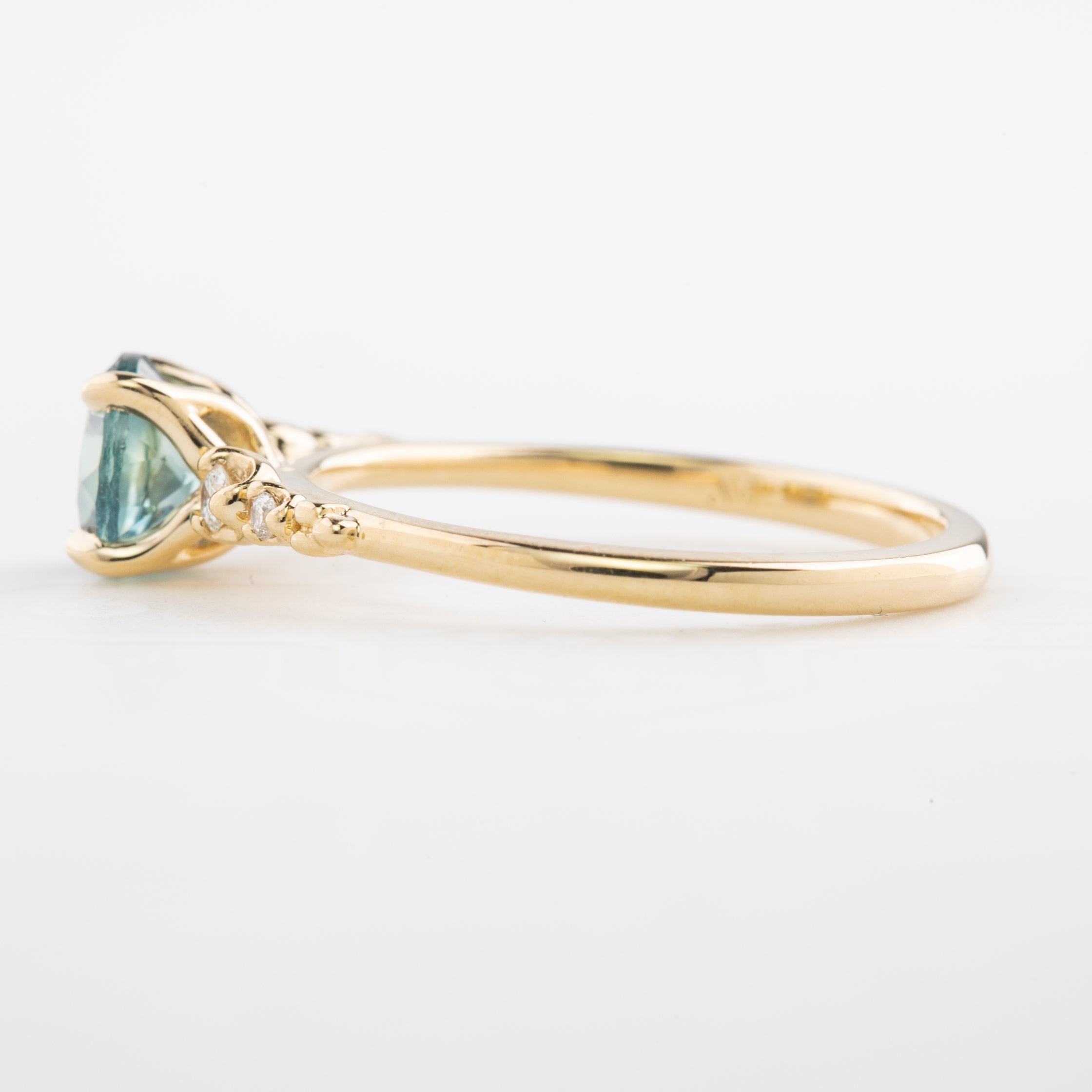 Estel Fleur 4 Prong Ring, 1.14ct Parti Blue Green Montana Sapphire, 14k Yellow Gold (One of a kind)