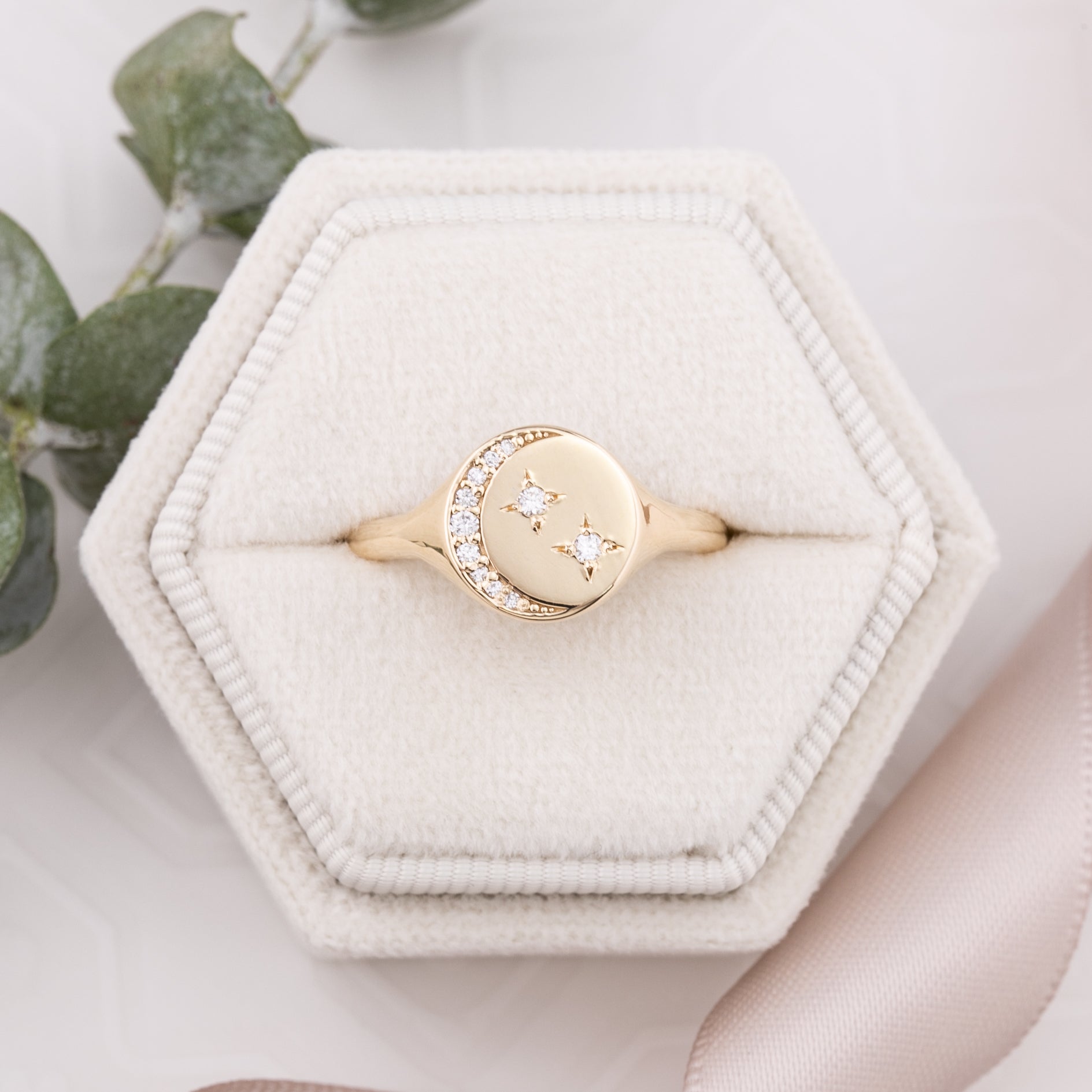 Crescent Moon Diamond Star Signet Ring