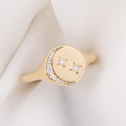 Crescent Moon Diamond Star Signet Ring