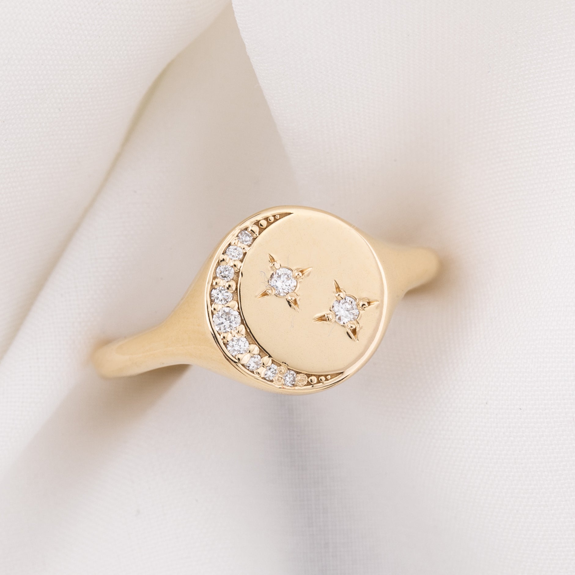 Crescent Moon Diamond Star Signet Ring