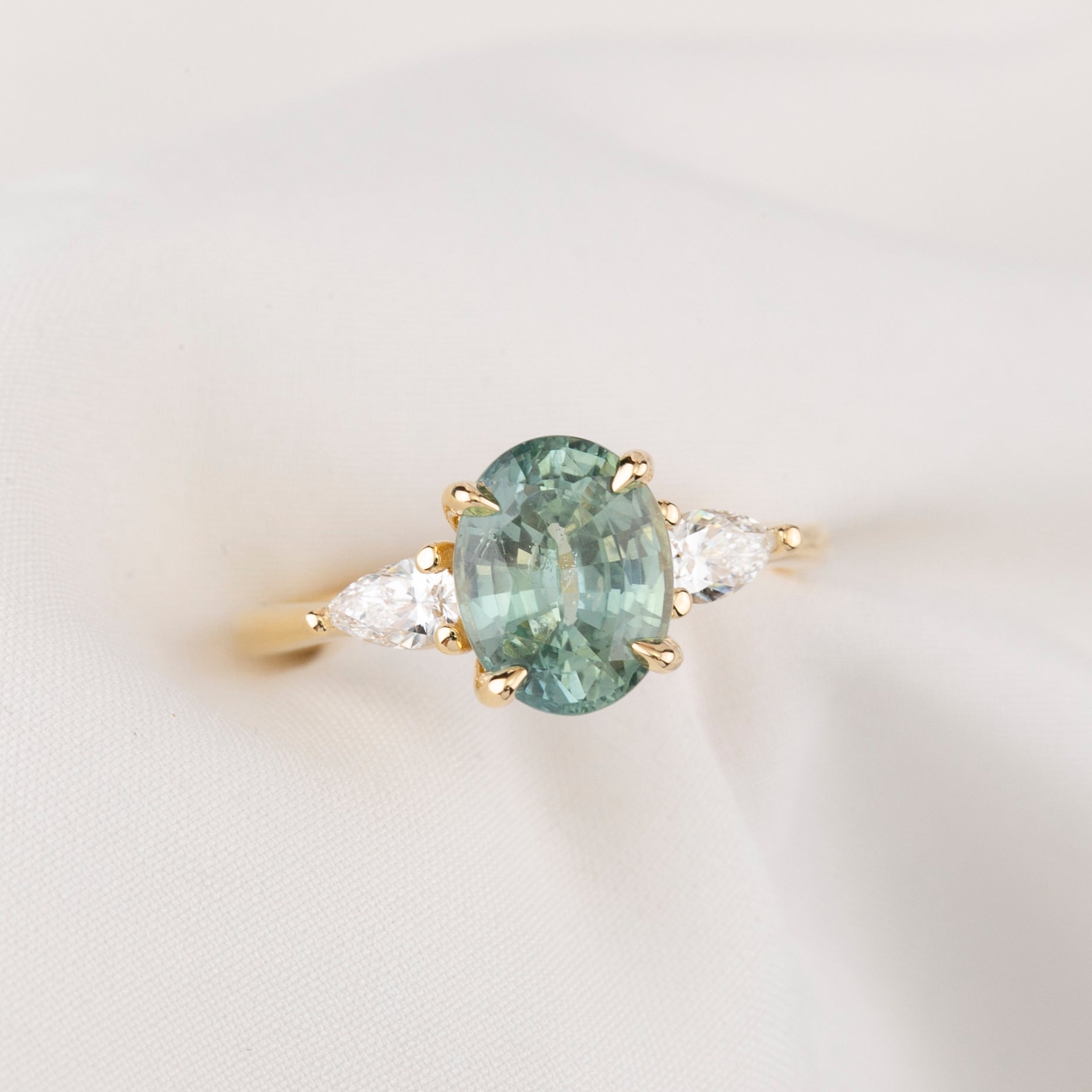 Olivia Grand Ring, 2.60ct Light Blue Green Madagascar Sapphire