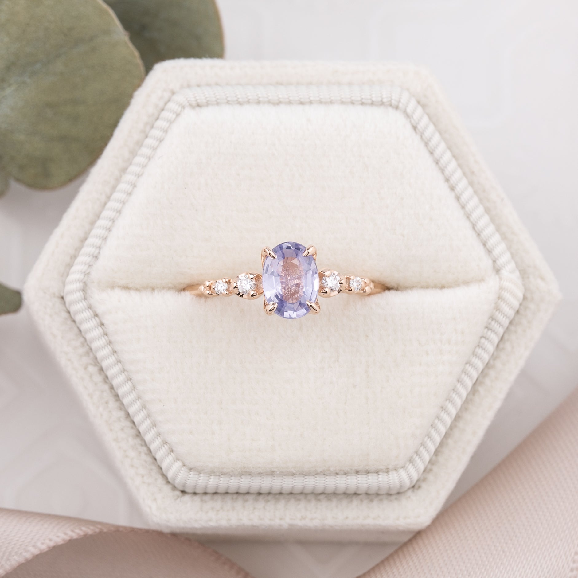 Estel Fleur Four Prongs Ring, Lavender Purple Sapphire, 14k Rose Gold, oval shape gemstone