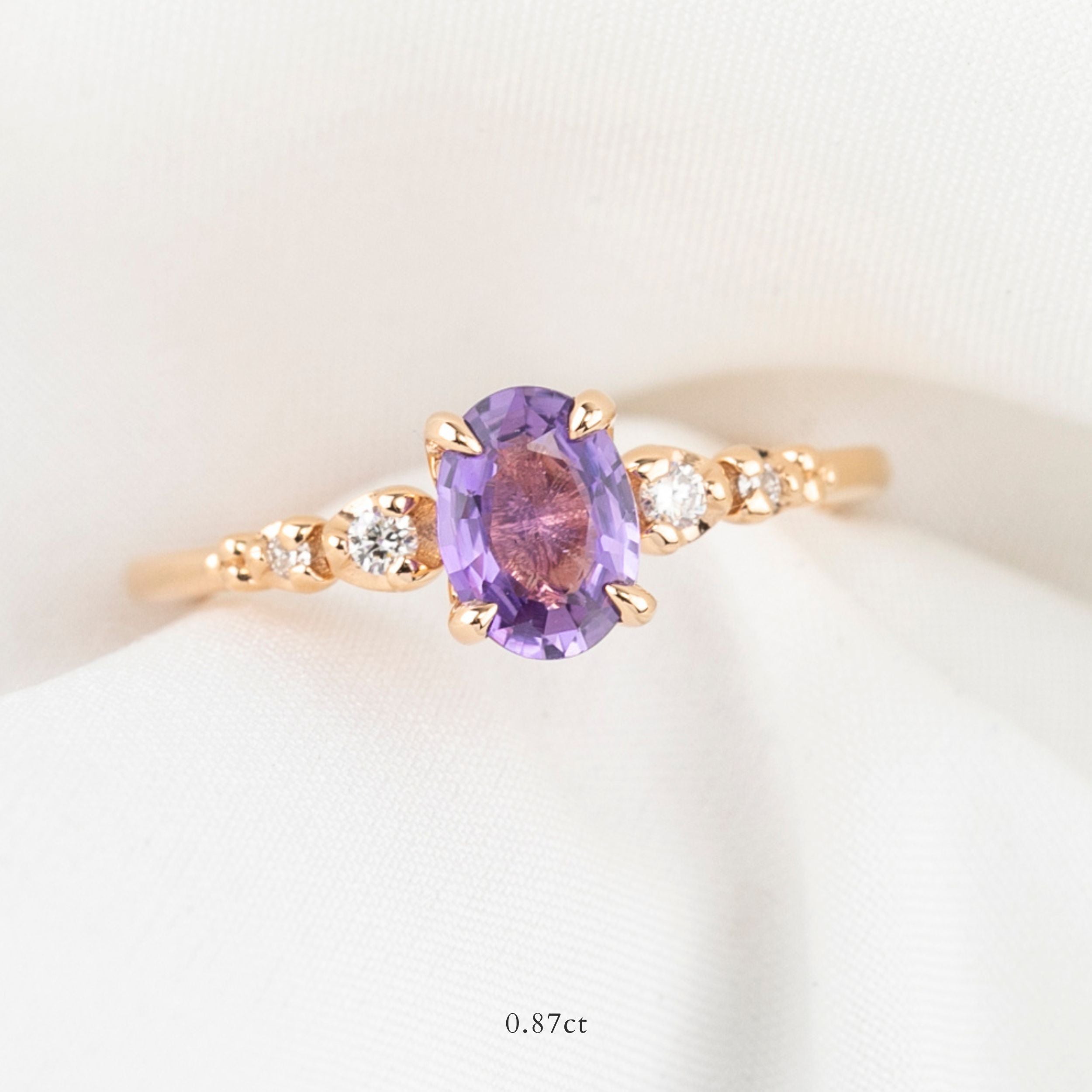 Estel Fleur Four Prongs Ring, Lavender Purple Sapphire, 14k Rose Gold, oval shape gemstone