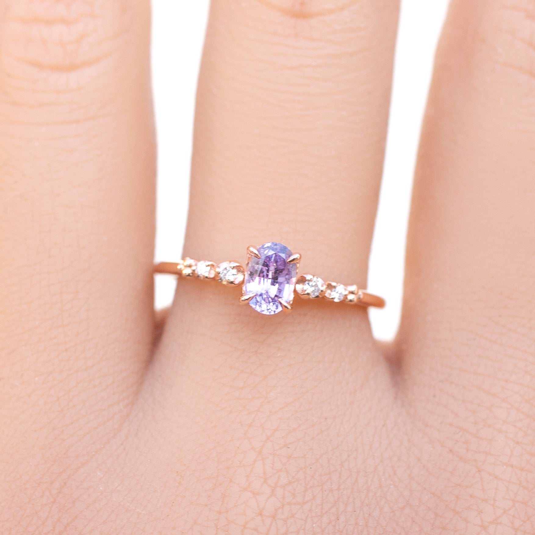 Estel Fleur Four Prongs Ring, Lavender Purple Sapphire, 14k Rose Gold, oval shape gemstone