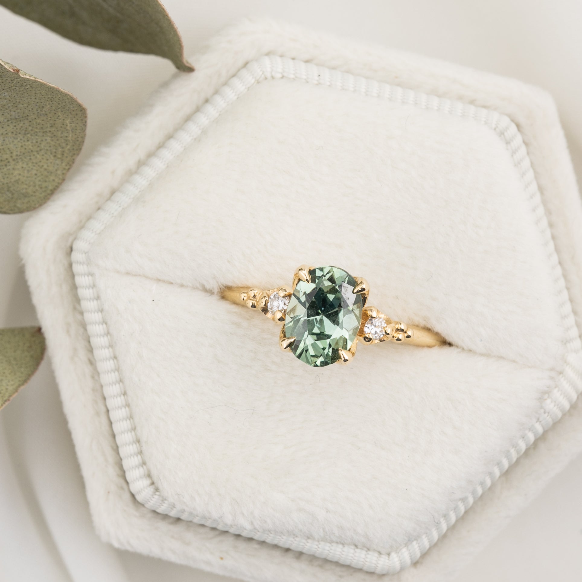 Estel Ring 1.28ct Light Blue Green Oval Montana Sapphire, 14K Yellow Gold (One of a kind)