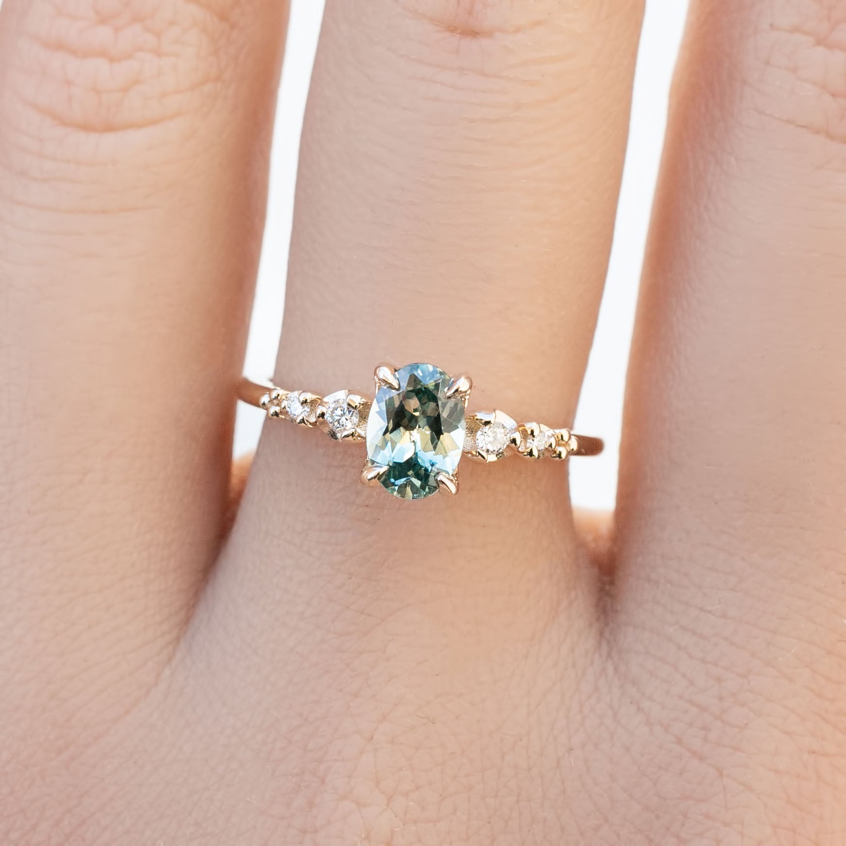 Estel Fleur Four Prongs Ring, 1.06ct Light Blue Green Montana Sapphire, oval shape gemstone
