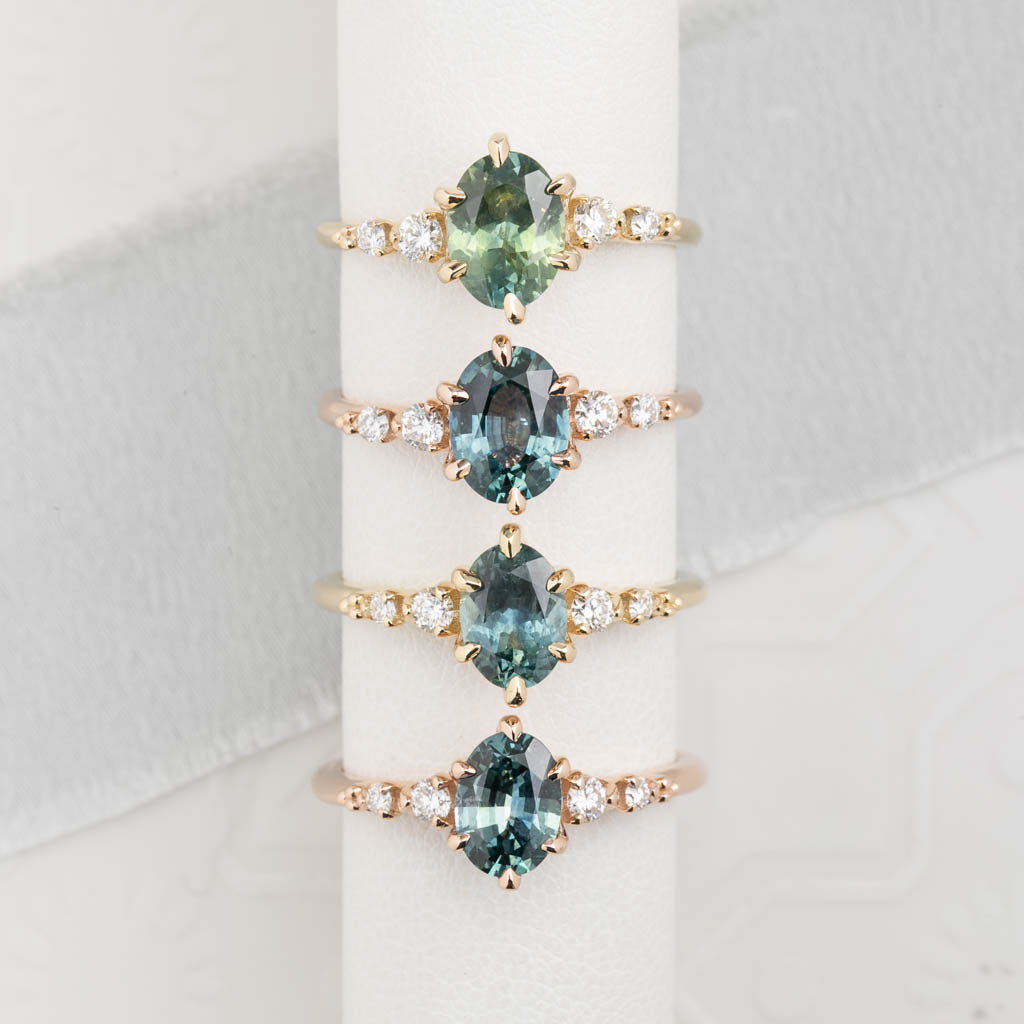 Estel Fleur Six Prongs Ring 1.48ct Blue Green Oval African Sapphire, 14K Rose Gold (One of a kind)