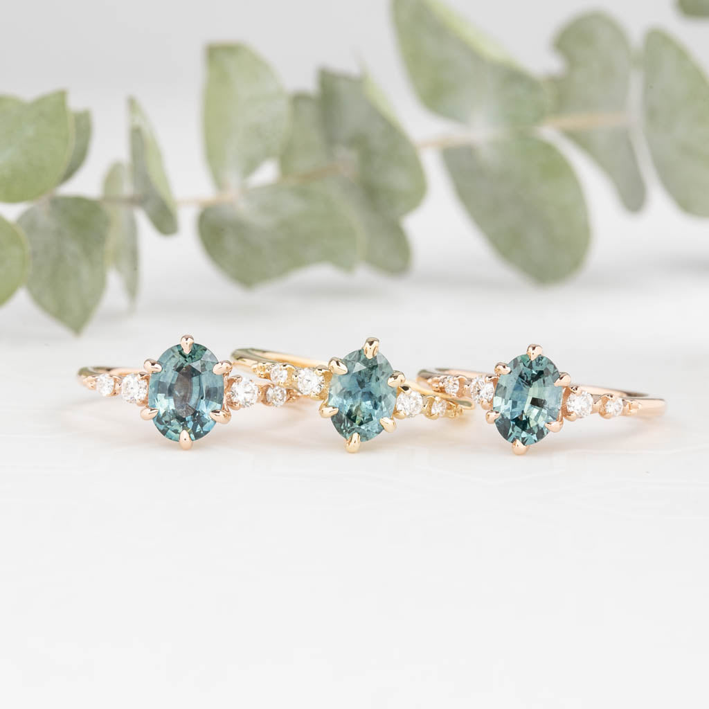 Estel Fleur Six Prongs Ring 1.48ct Blue Green Oval African Sapphire, 14K Rose Gold (One of a kind)