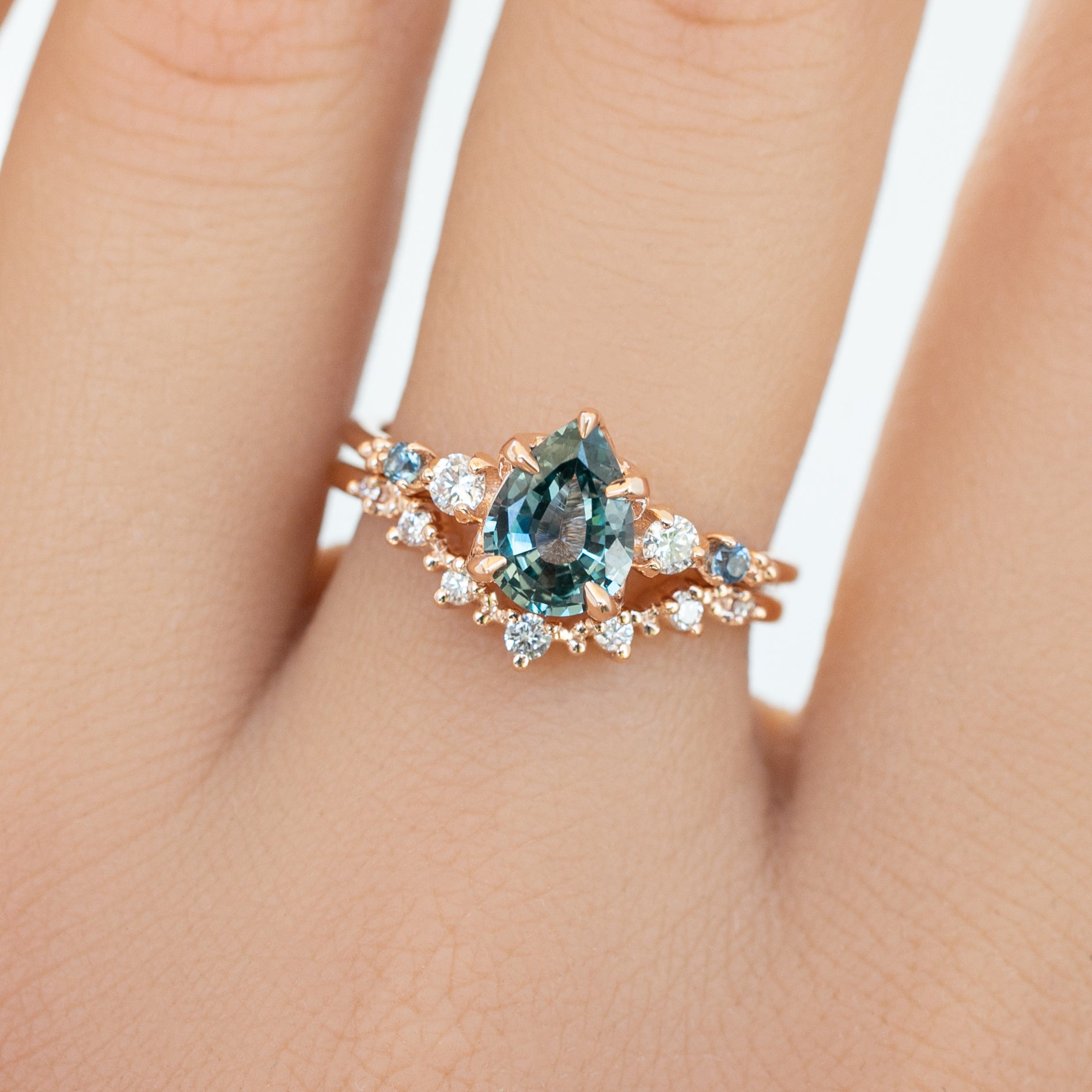 Estel Fleur Ring, 1.13ct Light Blue Green Pear Montana Sapphire, 14K Rose Gold (One of a kind)