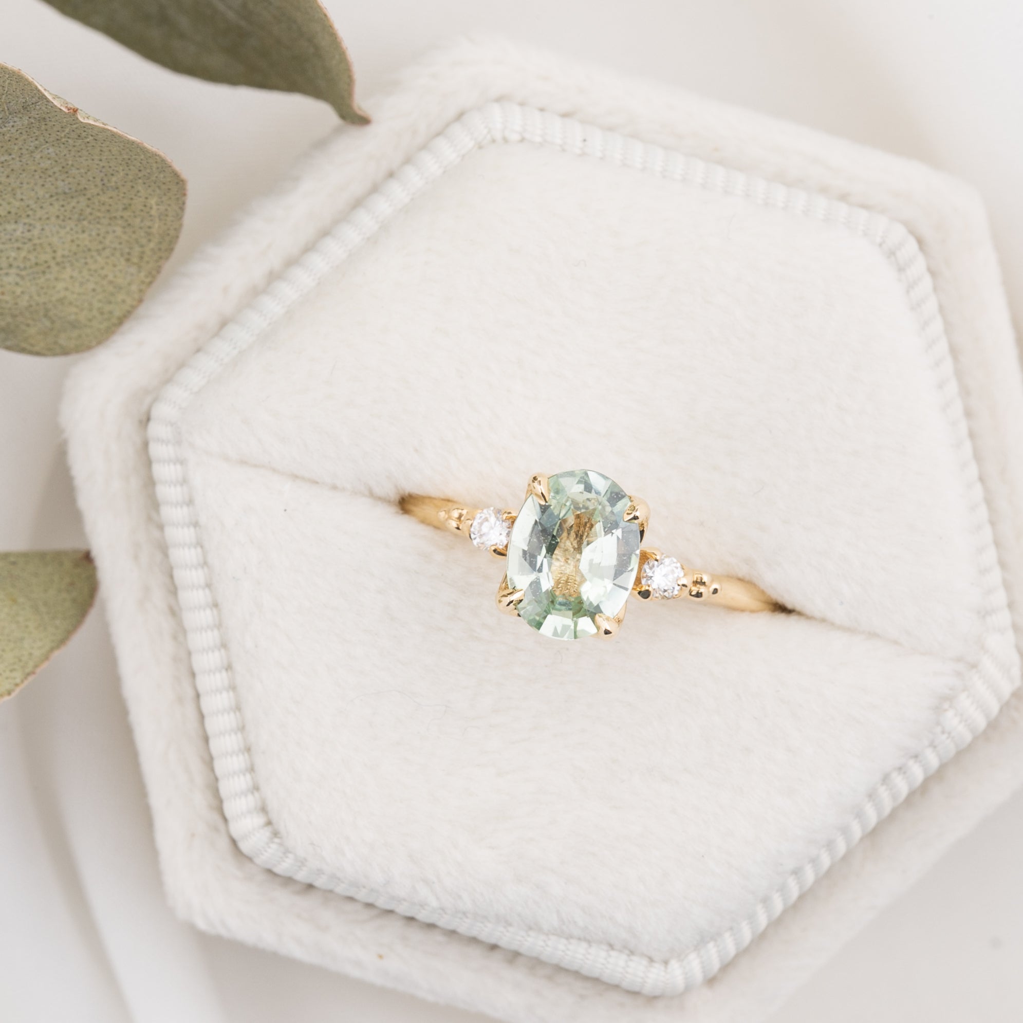 Estel Ring 1.1ct Light Green Unheated Sapphire, 14K Yellow Gold (One of a kind)