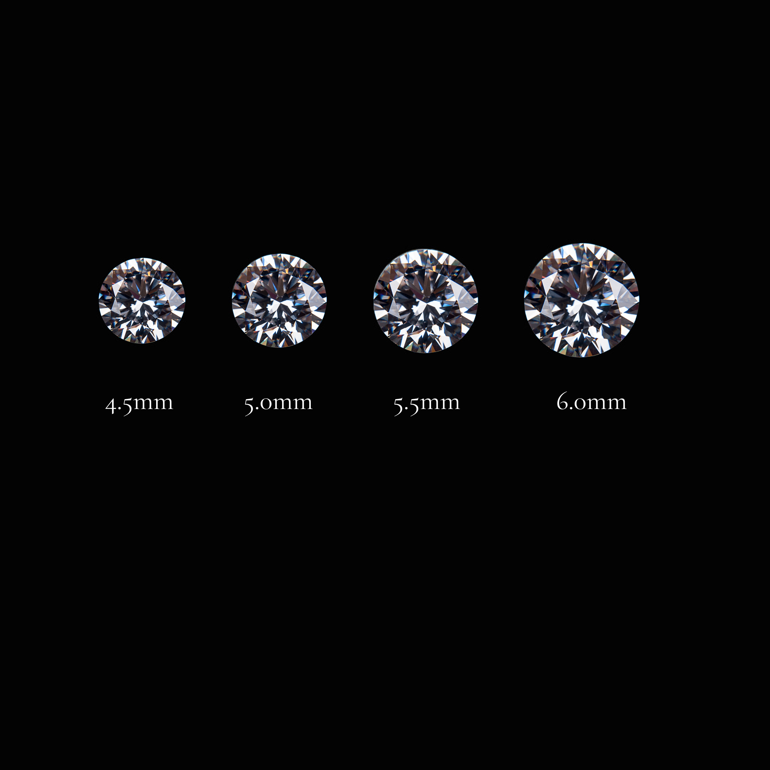 Four round brilliant cut diamonds of different sizes placed next to each other on a black background, labeled 4.5mm, 5.