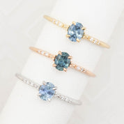 3 Eloise Ring with a 0.45ct Montana oval sapphire and diamond pave band in 14k yellow gold, rose gold, white gold.