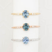 3 Eloise Ring with a 0.45ct Montana oval sapphire and diamond pave band in 14k yellow gold, rose gold, white gold.