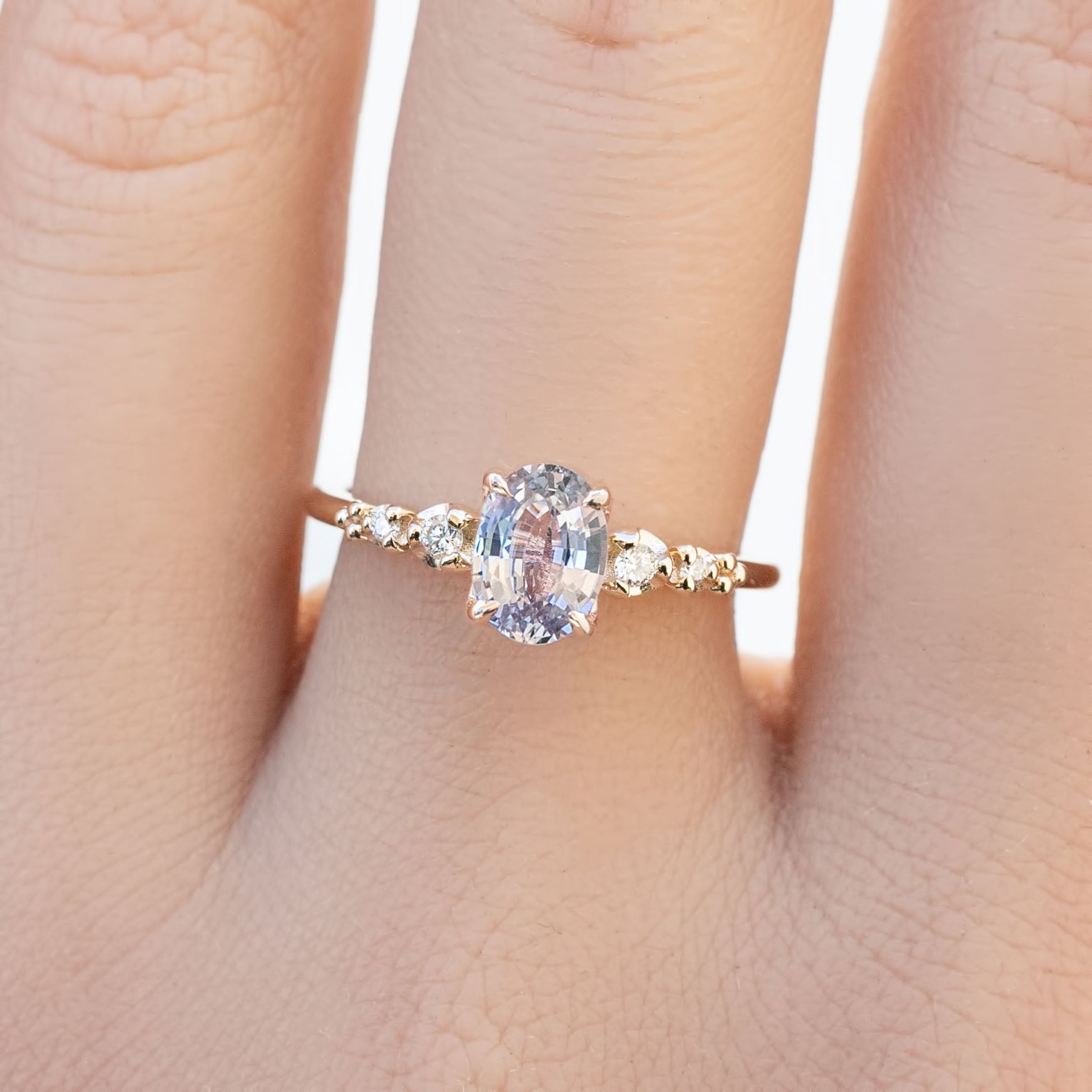 Estel Fleur Four Prongs Ring, Lavender Purple Sapphire, 14k Rose Gold, oval shape gemstone