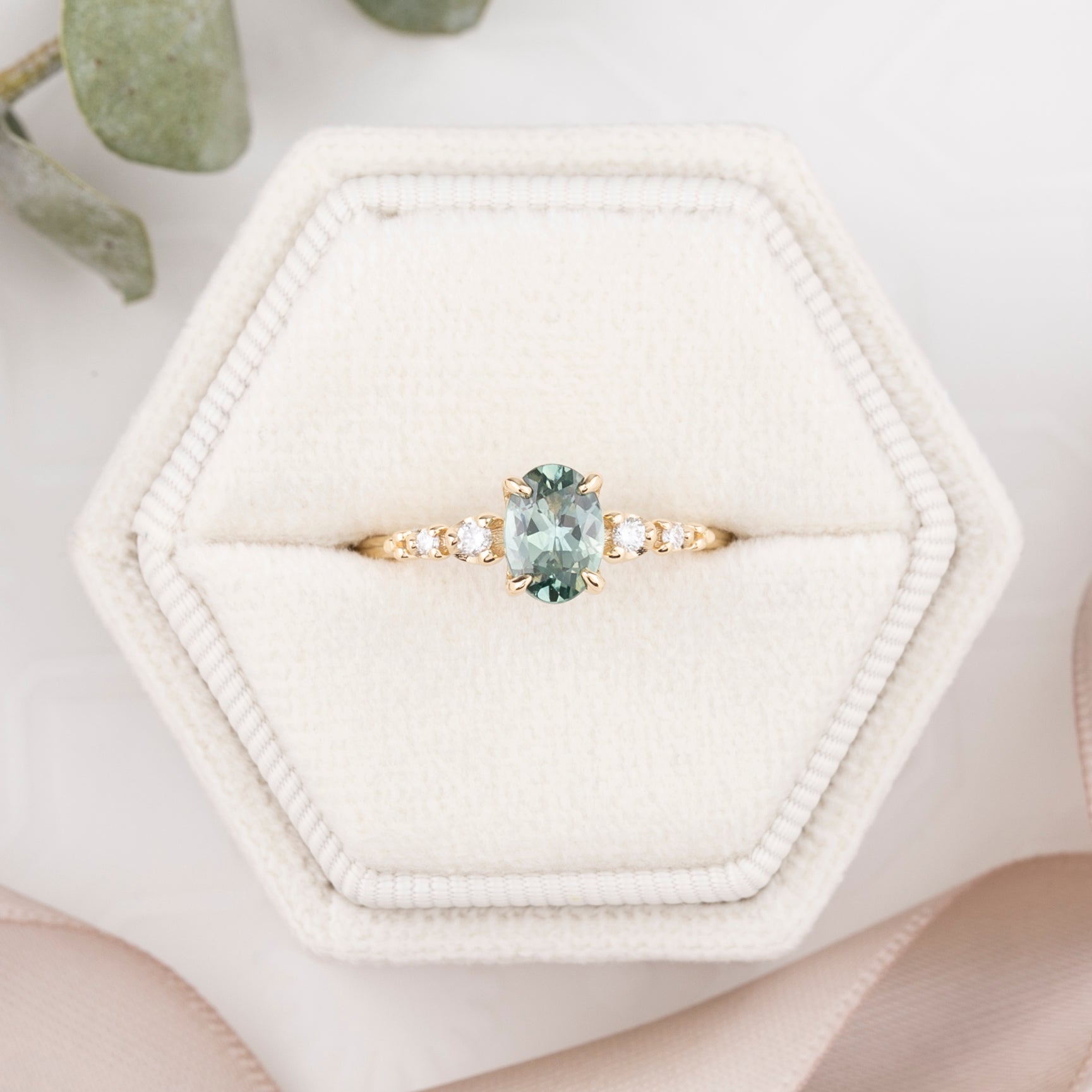 Estel Fleur Four Prongs Ring, 1.06ct Light Blue Green Montana Sapphire, oval shape gemstone