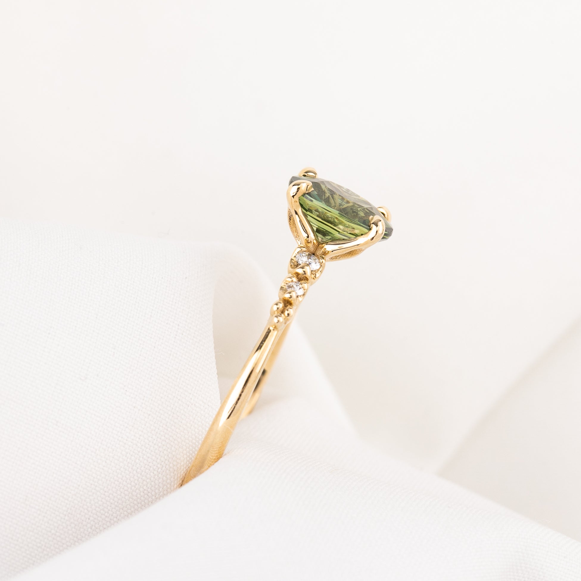Estel Fleur Ring, 1.58ct Peacock Green Madagascar Sapphire