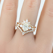 Gloria Ring featuring natural white diamonds set in ethically sourced gold, shown stacked with a matching diamond band.