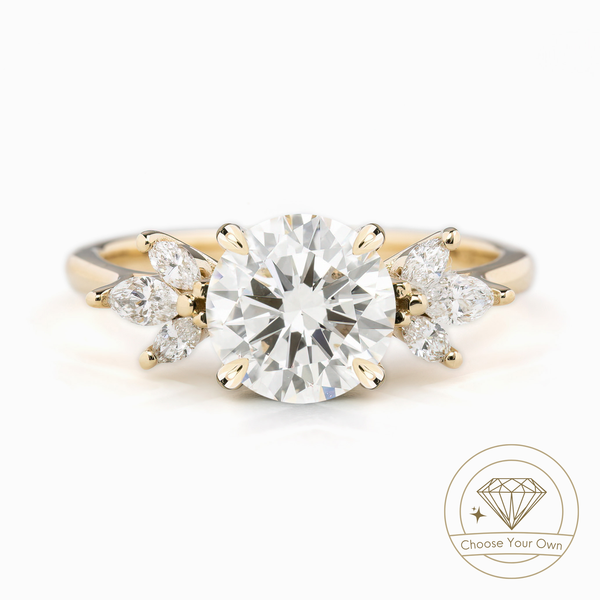 Gold diamond ring on a white background with a brand logo.